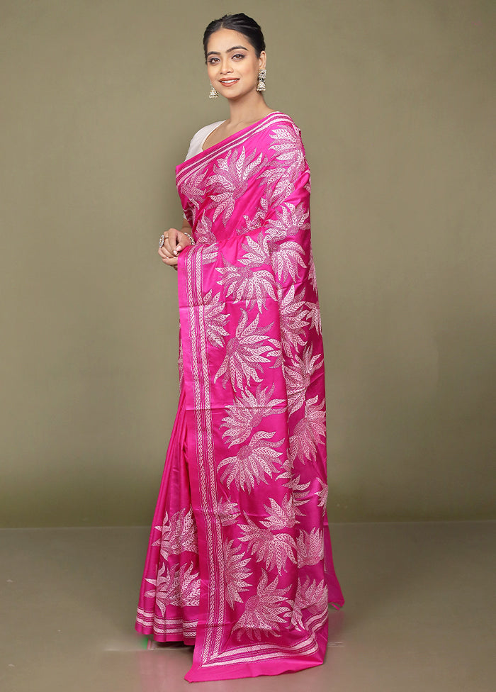 Pink Handloom Kantha Stitch Pure Silk Saree With Blouse Piece