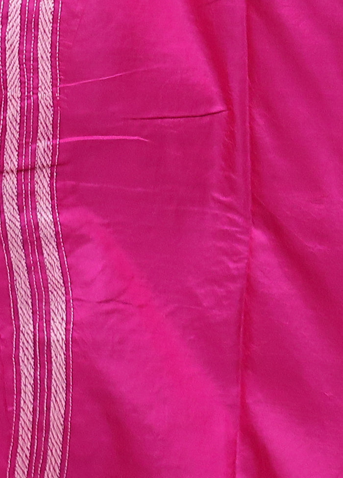 Pink Handloom Kantha Stitch Pure Silk Saree With Blouse Piece