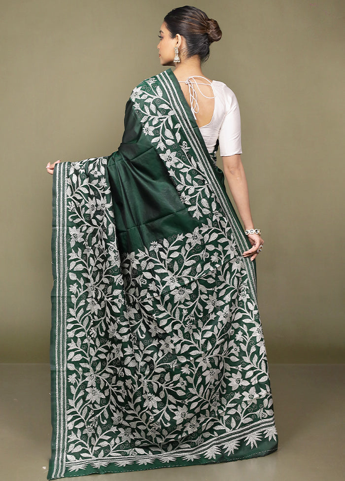 Green Handloom Kantha Stitch Pure Silk Saree With Blouse Piece