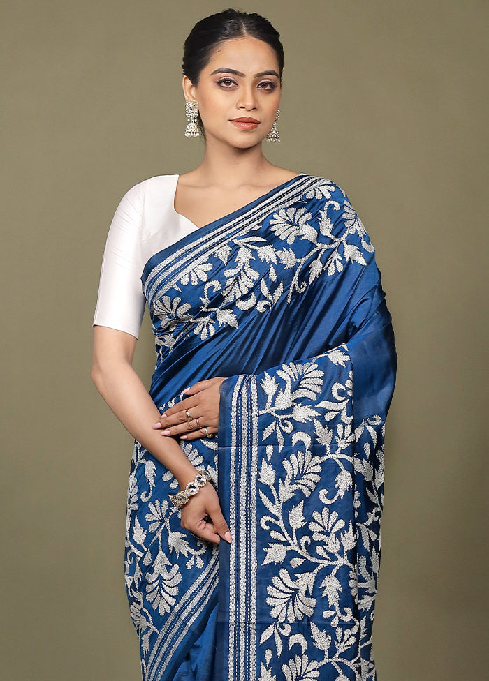 Blue Handloom Kantha Stitch Pure Silk Saree With Blouse Piece