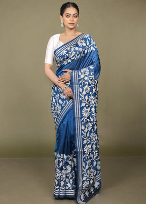 Blue Handloom Kantha Stitch Pure Silk Saree With Blouse Piece