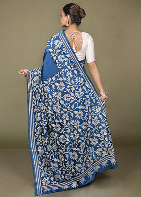 Blue Handloom Kantha Stitch Pure Silk Saree With Blouse Piece