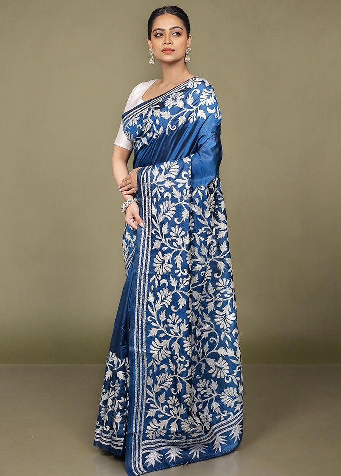 Blue Handloom Kantha Stitch Pure Silk Saree With Blouse Piece