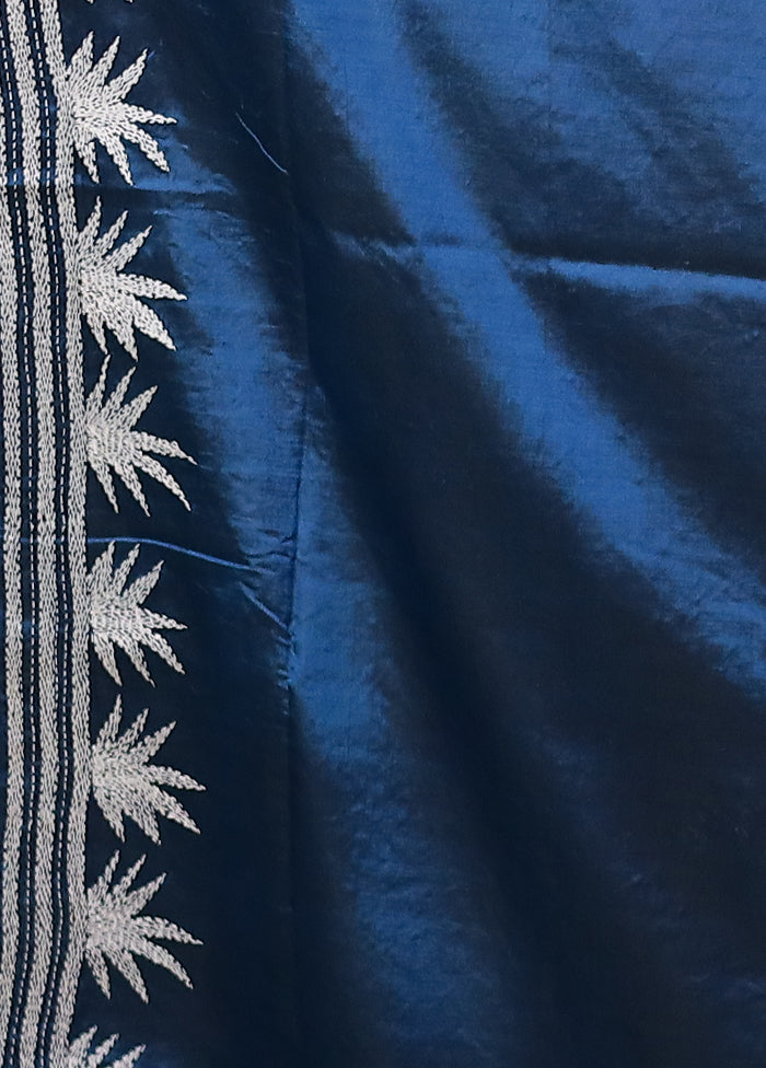 Blue Handloom Kantha Stitch Pure Silk Saree With Blouse Piece