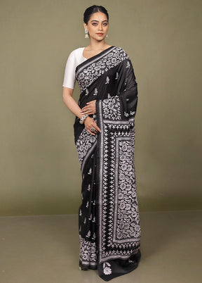 Black Handloom Kantha Stitch Pure Silk Saree With Blouse Piece