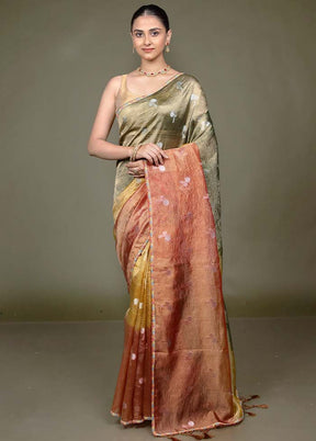 Golden Crushed Tissue Silk Saree With Blouse Piece