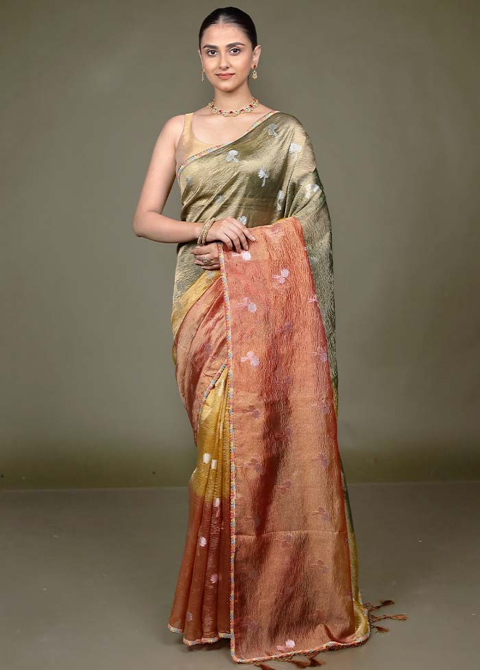 Golden Crushed Tissue Silk Saree With Blouse Piece