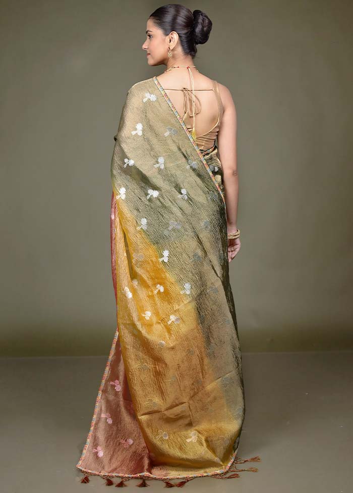 Golden Crushed Tissue Silk Saree With Blouse Piece