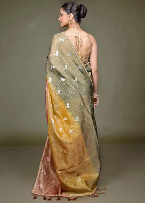 Golden Crushed Tissue Silk Saree With Blouse Piece