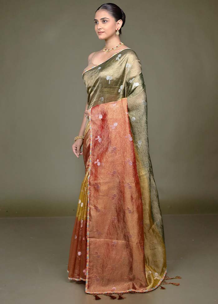 Golden Crushed Tissue Silk Saree With Blouse Piece