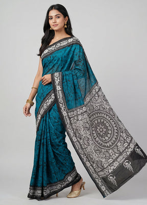 Multicolor Handloom Kantha Stitch Pure Silk Saree With Blouse Piece