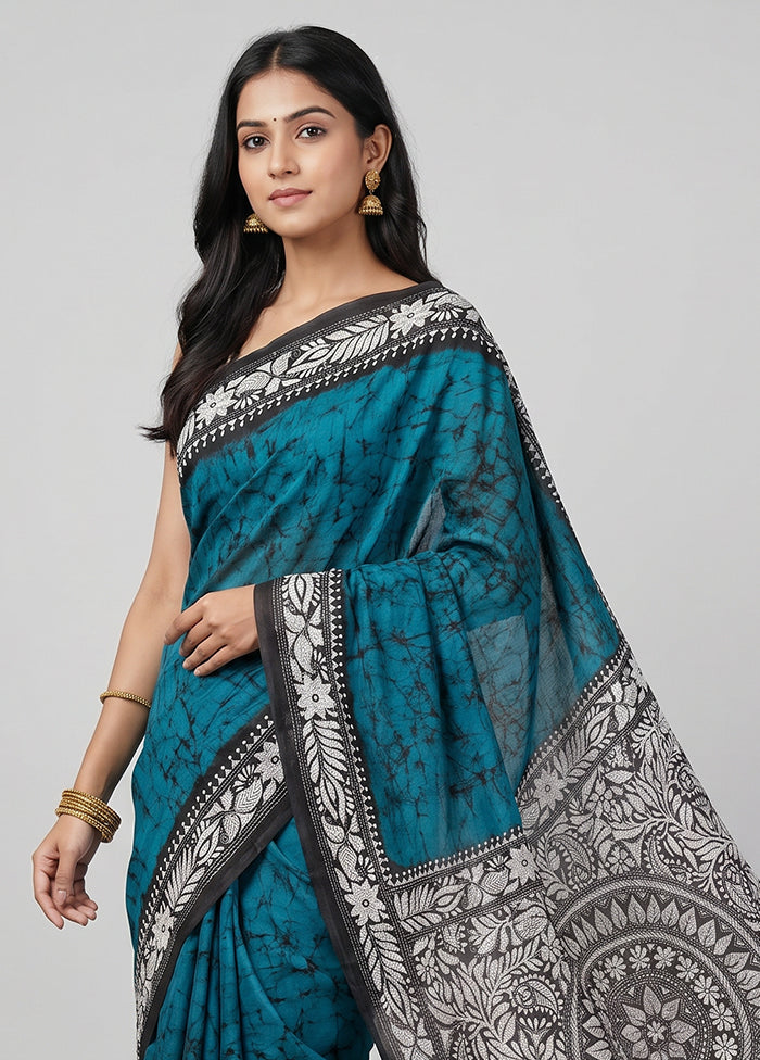Multicolor Handloom Kantha Stitch Pure Silk Saree With Blouse Piece