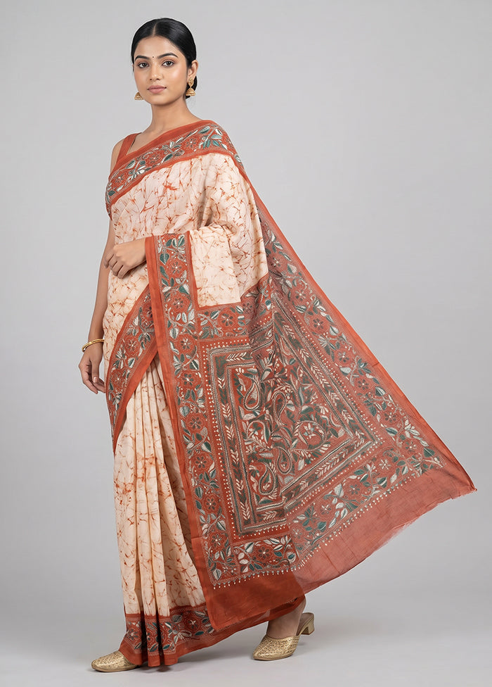 Multicolor Handloom Kantha Stitch Pure Silk Saree With Blouse Piece