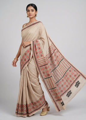 Multicolor Handloom Kantha Stitch Pure Silk Saree With Blouse Piece