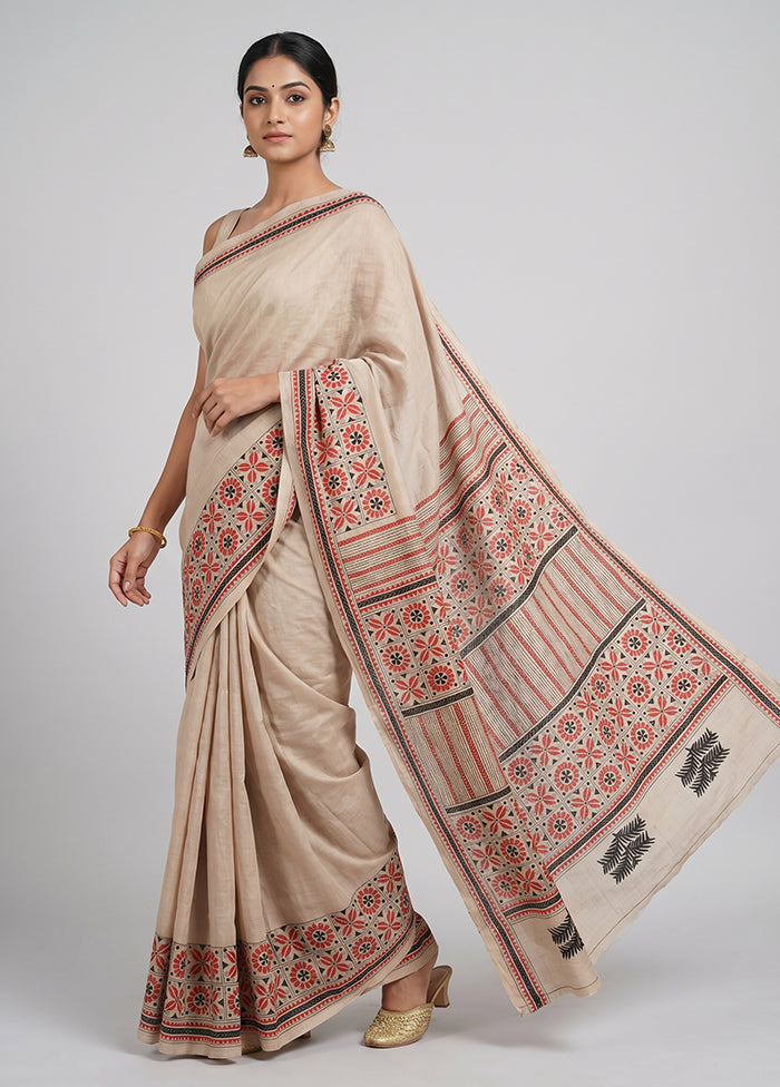 Multicolor Handloom Kantha Stitch Pure Silk Saree With Blouse Piece