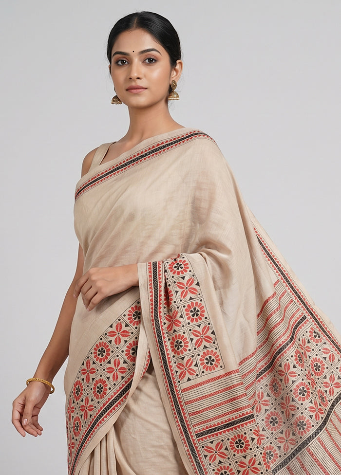 Multicolor Handloom Kantha Stitch Pure Silk Saree With Blouse Piece