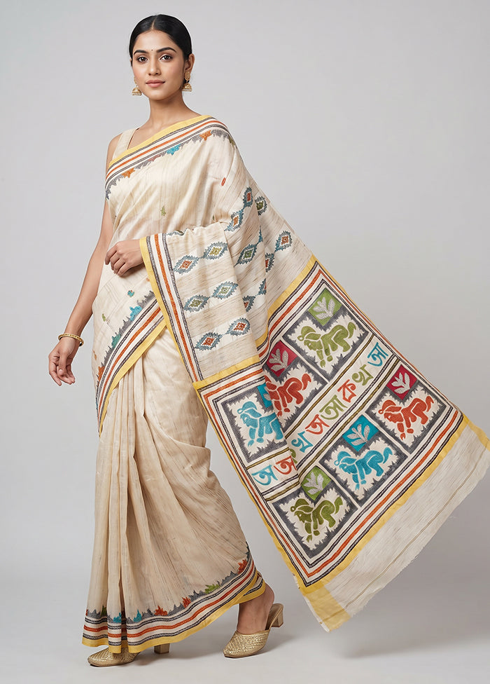 Multicolor Handloom Kantha Stitch Pure Silk Saree With Blouse Piece