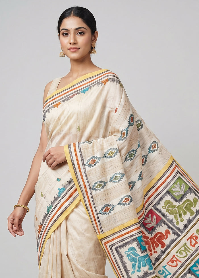Multicolor Handloom Kantha Stitch Pure Silk Saree With Blouse Piece