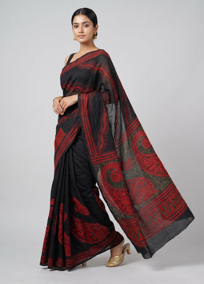 Multicolor Handloom Kantha Stitch Pure Silk Saree With Blouse Piece