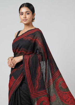Multicolor Handloom Kantha Stitch Pure Silk Saree With Blouse Piece