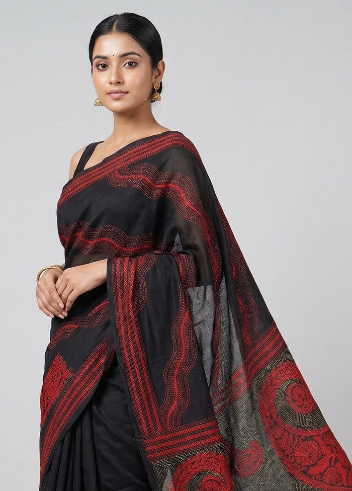 Multicolor Handloom Kantha Stitch Pure Silk Saree With Blouse Piece