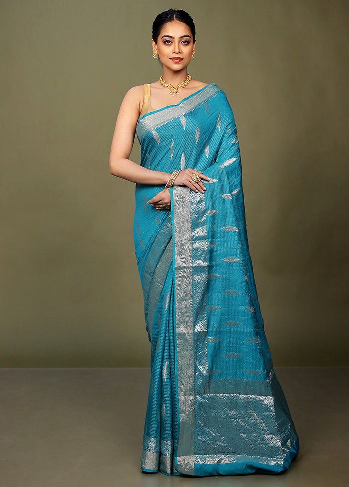 Blue Dupion Silk Saree With Blouse Piece