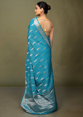 Blue Dupion Silk Saree With Blouse Piece