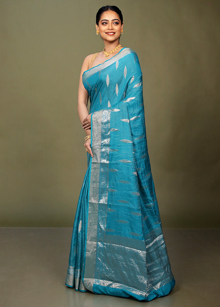 Blue Dupion Silk Saree With Blouse Piece