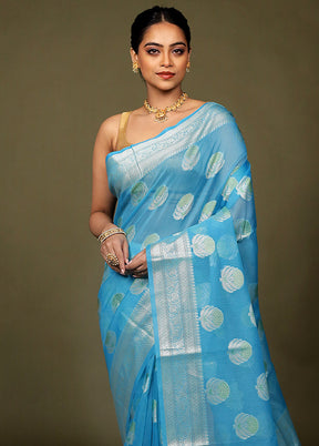 Blue Kora Silk Saree With Blouse Piece
