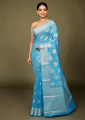 Blue Kora Silk Saree With Blouse Piece