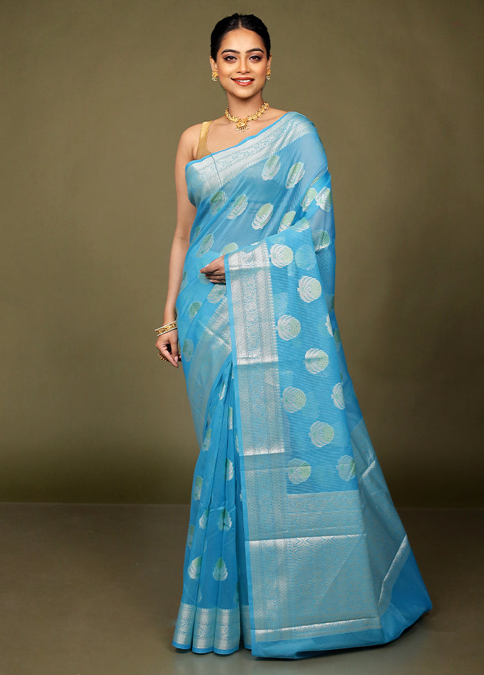 Blue Kora Silk Saree With Blouse Piece