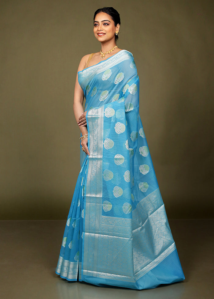 Blue Kora Silk Saree With Blouse Piece