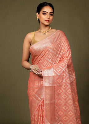 Peach Kora Silk Saree With Blouse Piece