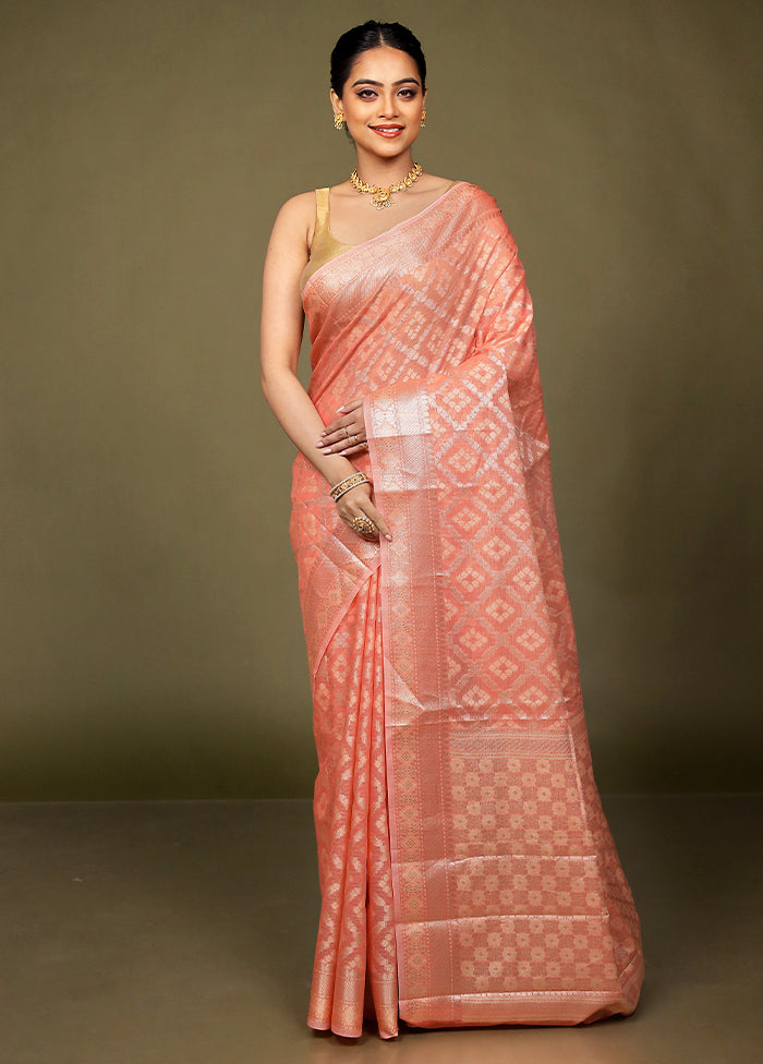 Peach Kora Silk Saree With Blouse Piece