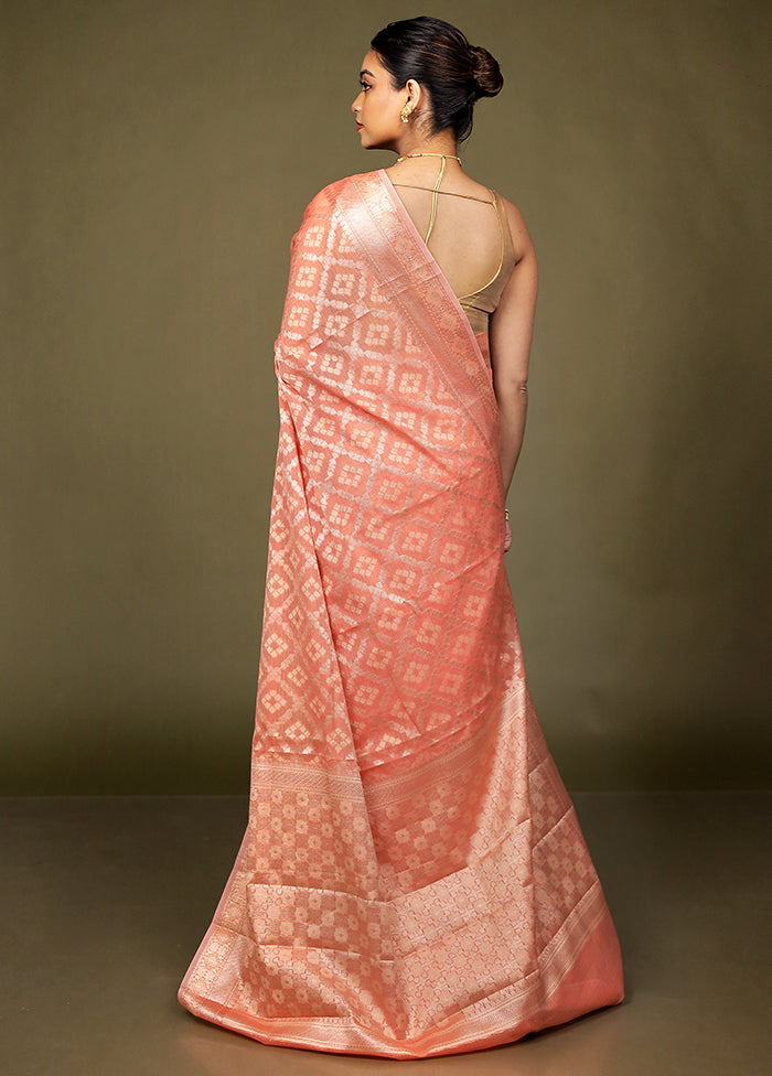 Peach Kora Silk Saree With Blouse Piece