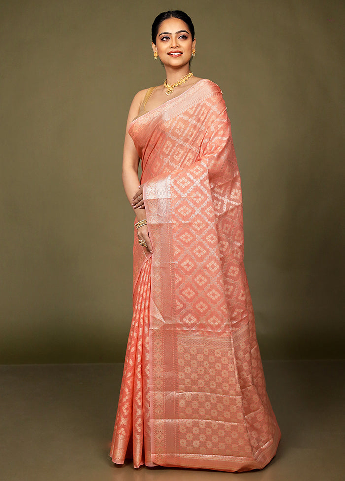 Peach Kora Silk Saree With Blouse Piece