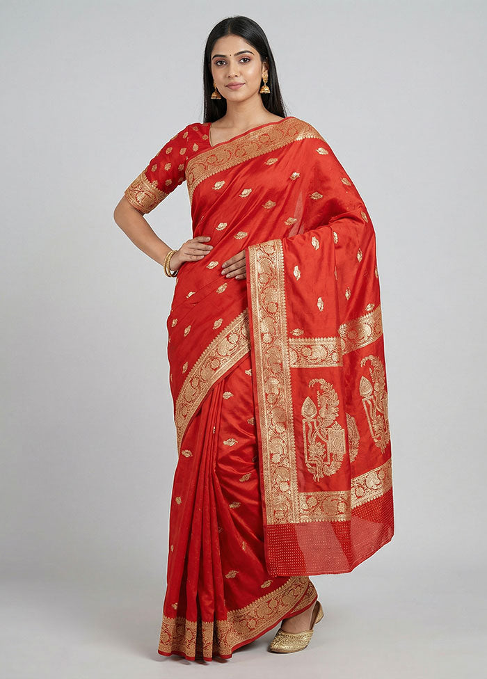 Red Banarasi Silk Saree With Blouse Piece