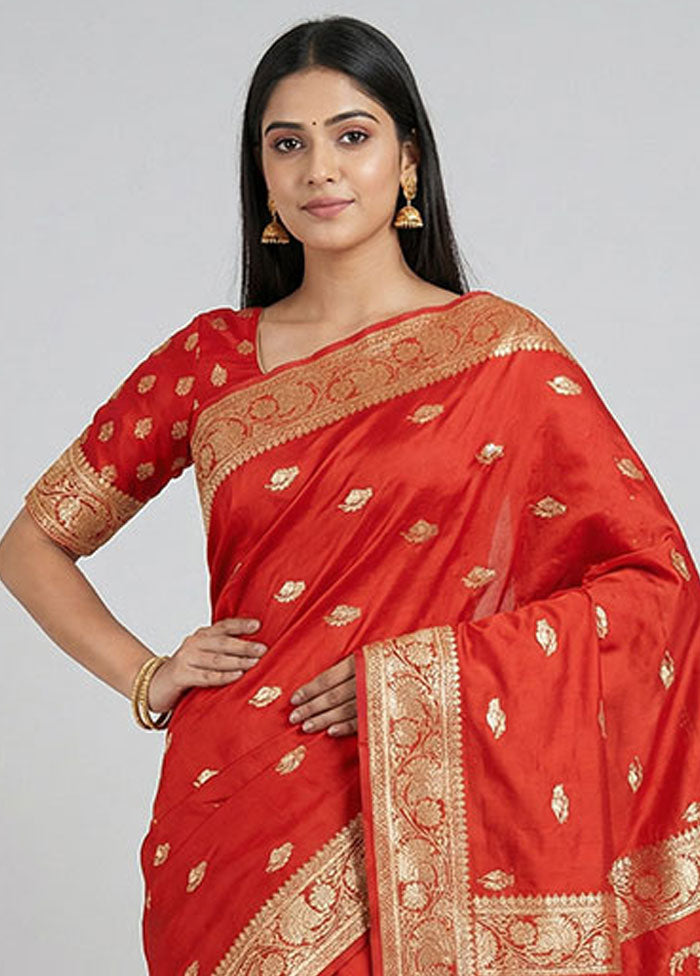 Red Banarasi Silk Saree With Blouse Piece