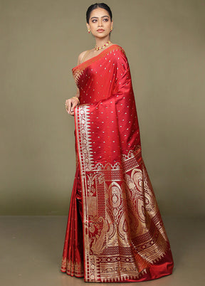 Red Banarasi Silk Saree With Blouse Piece