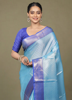 Blue Kora Silk Saree With Blouse Piece