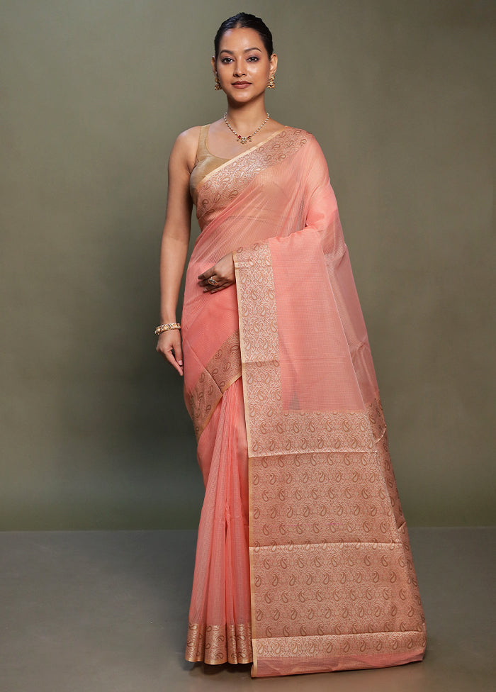 Peach Kota Cotton Saree With Blouse Piece