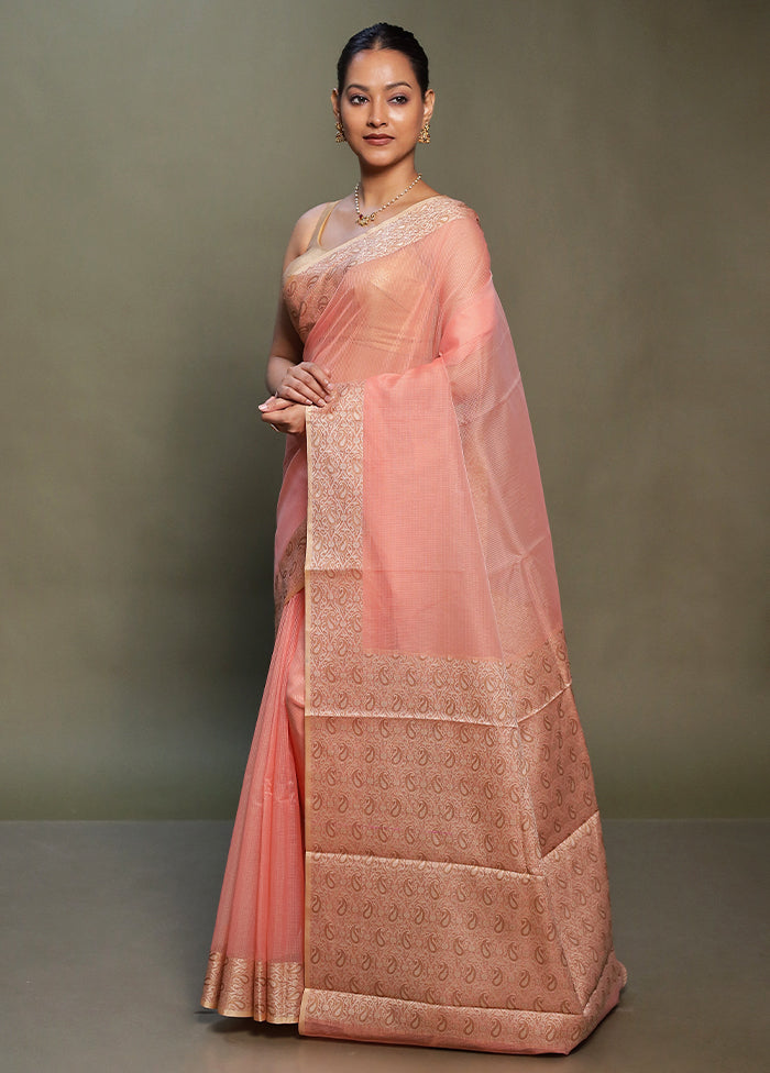 Peach Kota Cotton Saree With Blouse Piece