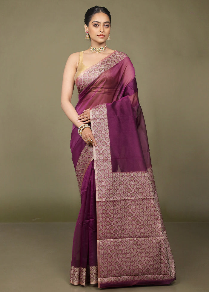 Purple Kota Cotton Saree With Blouse Piece