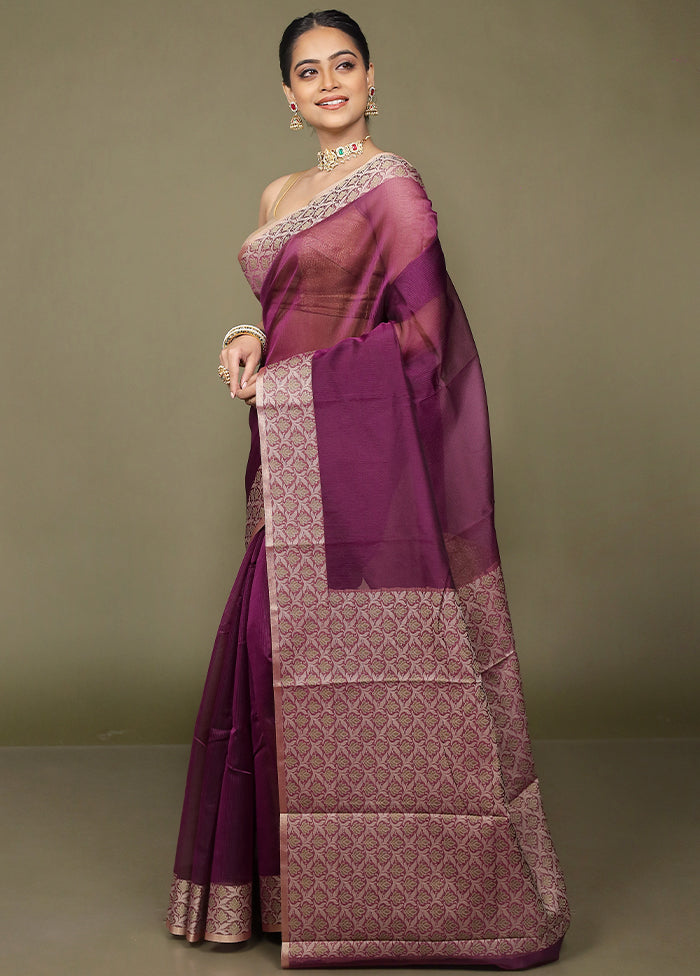 Purple Kota Cotton Saree With Blouse Piece