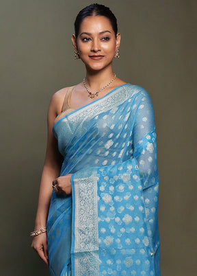 Blue Kota Cotton Saree With Blouse Piece