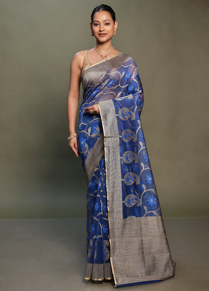 Blue Net Saree With Blouse Piece