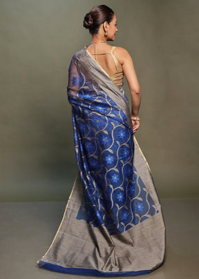 Blue Net Saree With Blouse Piece