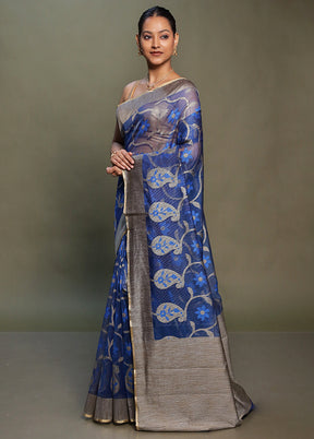Blue Net Saree With Blouse Piece