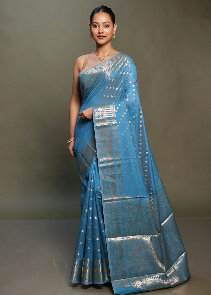 Blue Kora Silk Saree With Blouse Piece