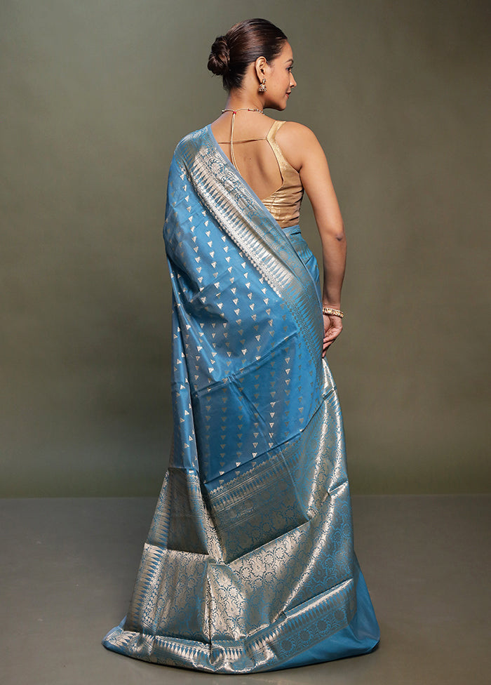 Blue Kora Silk Saree With Blouse Piece